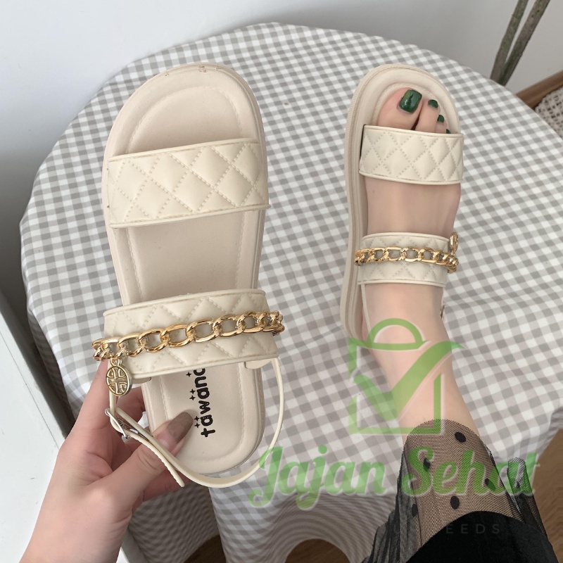 Sandal Tawana Women Casual Tali 2in1 Gold Chain Sendal Wanita LD25