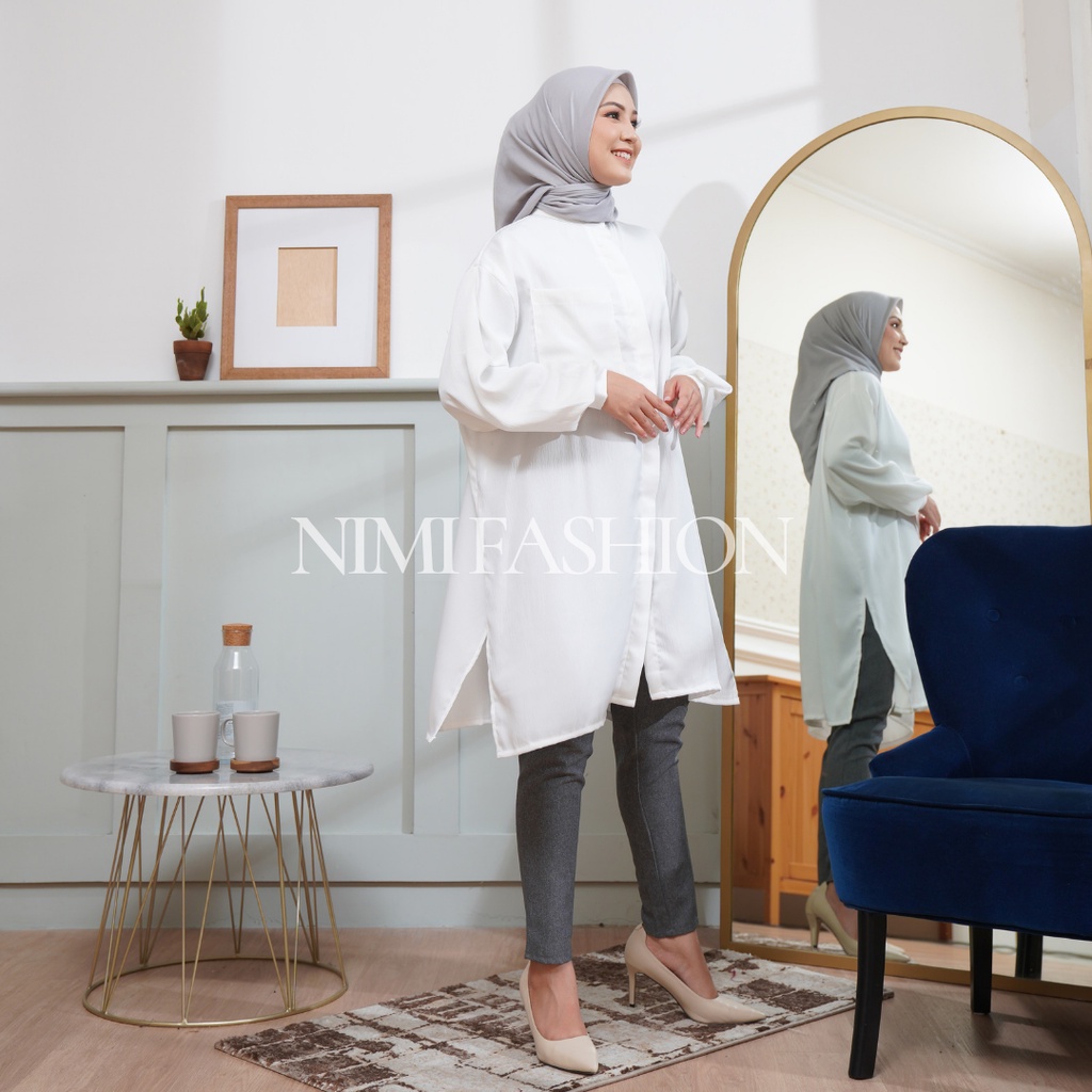 NIMI Atasan Tunik Kanaya Long Tunik Oversize Kemeja Panjang Polos Wanita Kancing Tutup Lady Zara Busui Friendly