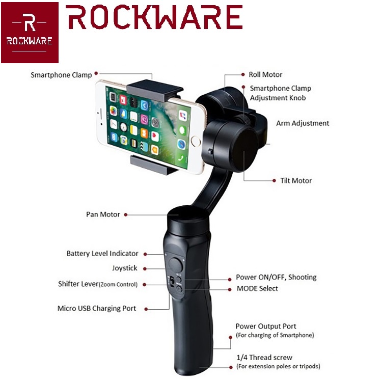 ROCKWARE RW-F6 - 3-Axis Folding Stabilizer - Gimbal Smartphone