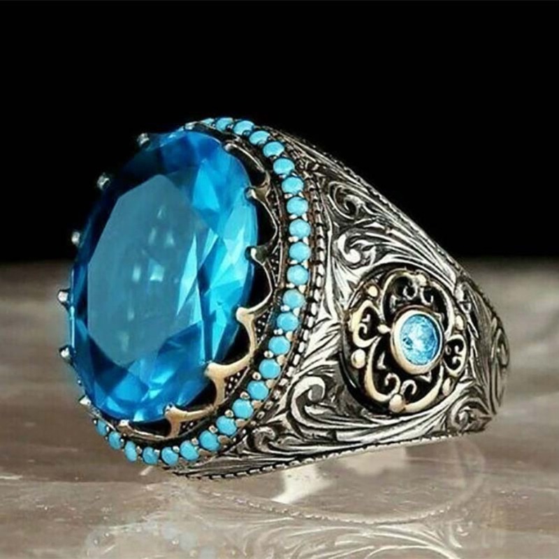 [Cherrye] Cincin Pria Mutiara Biru Safir Fashion Jewelry Kristal Berlian Baja Titanium Perak Antik Rings