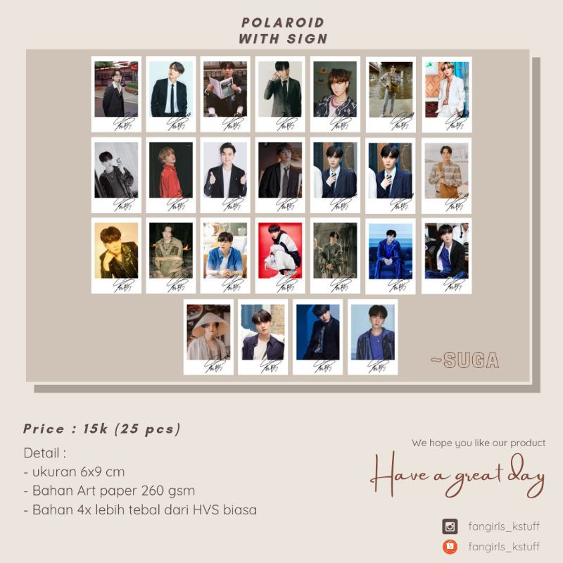 polaroid bts with sign