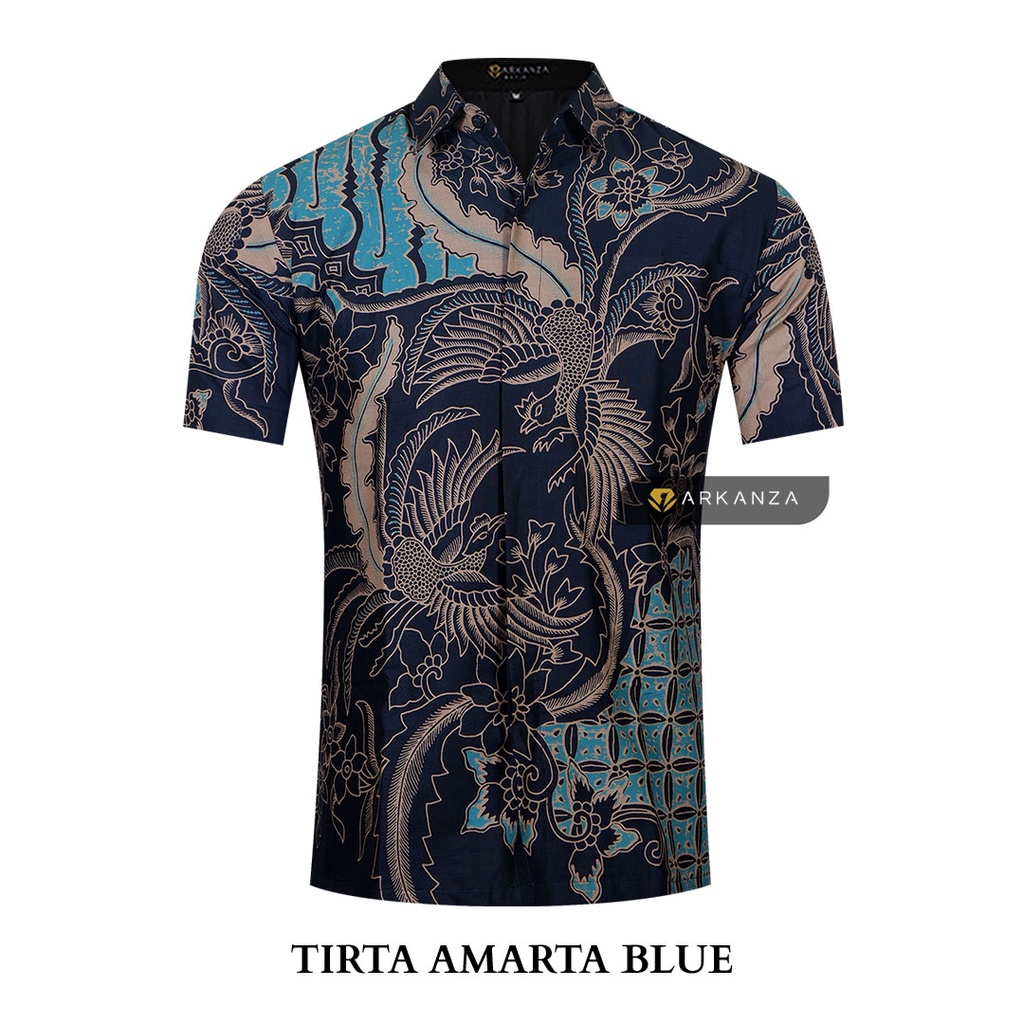 BATIK ARKANZA Motif TIRTA AMARTA BLUE Hem Atasan Kemeja Baju Batik Pria Cowok Laki Laki Slimfit Full Lapis Furing Lengan Panjang Lengan Pendek Original Asli