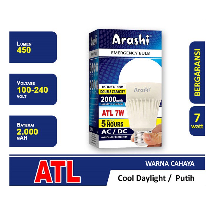 Arashi Lampu LED ATL 7W Cahaya Putih Lampu Darurat Emergency