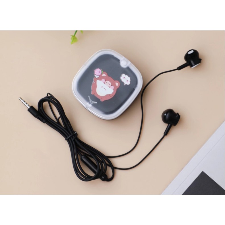 [XY-45] Set Headset Earphone Motif HAMSTER Imut / Wadah Earphone Transparan Kotak Kartun Hamster