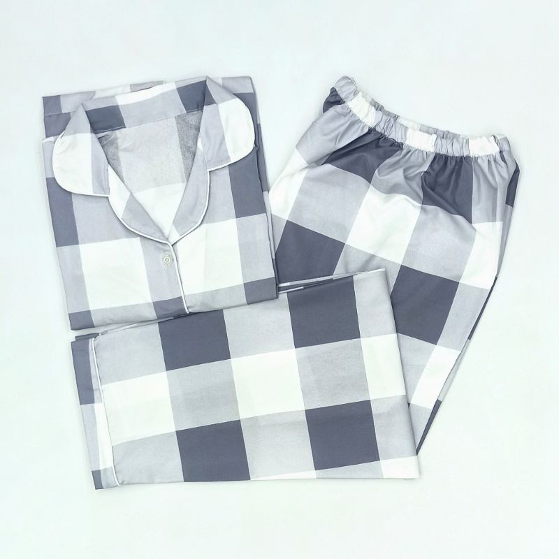 Baju Tidur Wanita / Piyama Wanita Tie Dye Set Motif Kekinian-Kotak Grey