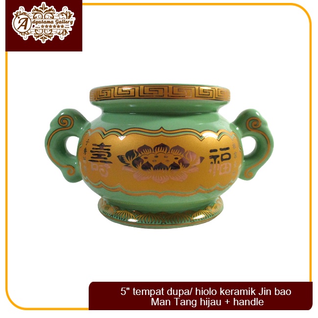 5" tempat dupa/ hiolo keramik Jin bao Man Tang hijau + handle