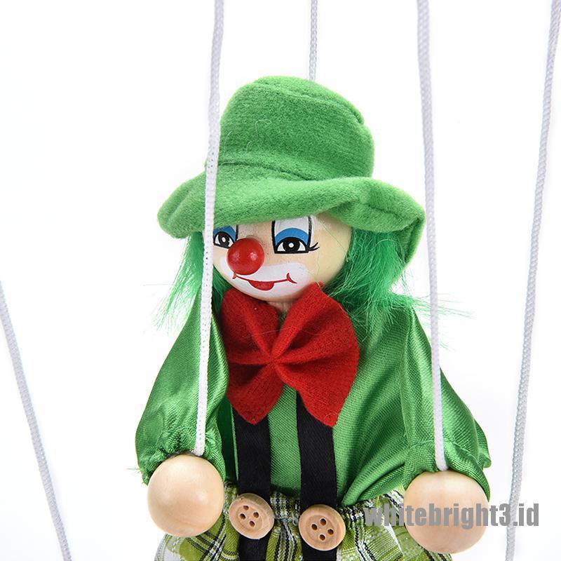 (white3) 1pc Boneka Badut Marionette Kayu Dengan Tali Penarik