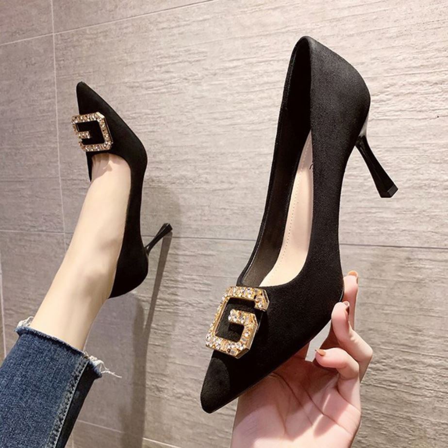 SL819 BLACK/BLUE/PINK-HEELS 7 CM BAHAN SUEDE-IMPORT HEELS