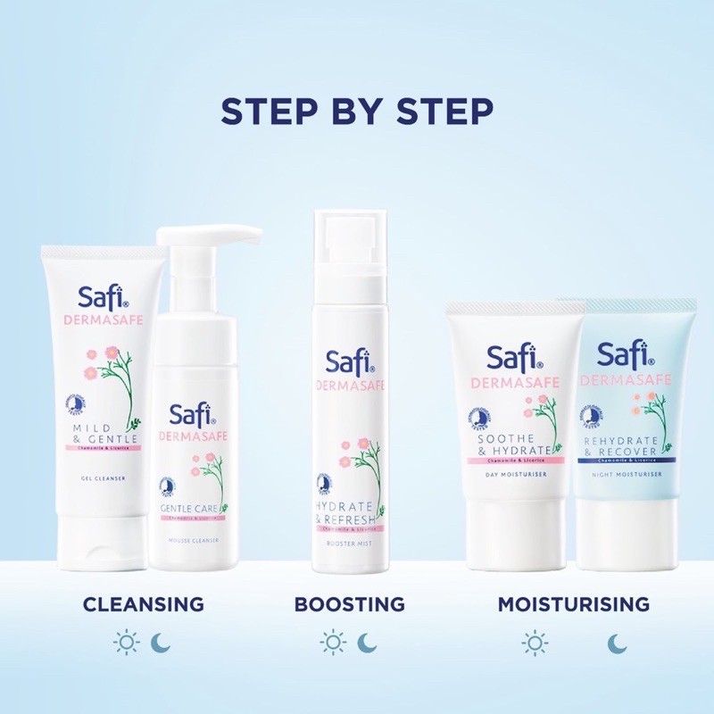 Safi Dermasafe Series (Gel Cleanser, Mousse Cleanser, Day Night Moist, Booster Mist) 3 Essential Kit