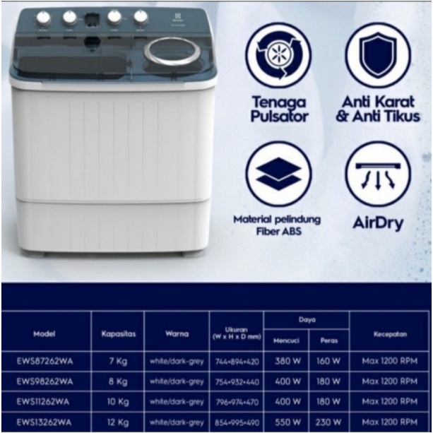 Electrolux Mesin Cuci 2 Tabung 10Kg EWS-11262 EWS 11262 Twin Tube