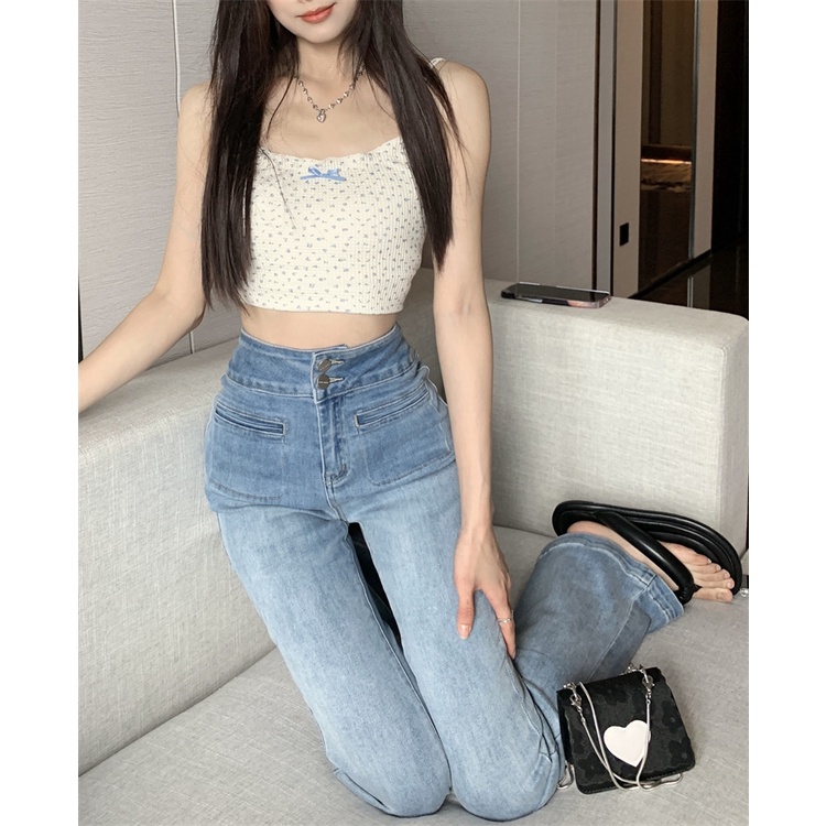 Suhao Biru Muda Retro Jeans Wanita Musim Panas Slim Pinggang Tinggi Tipis Mengepel Celana Kecil Micr