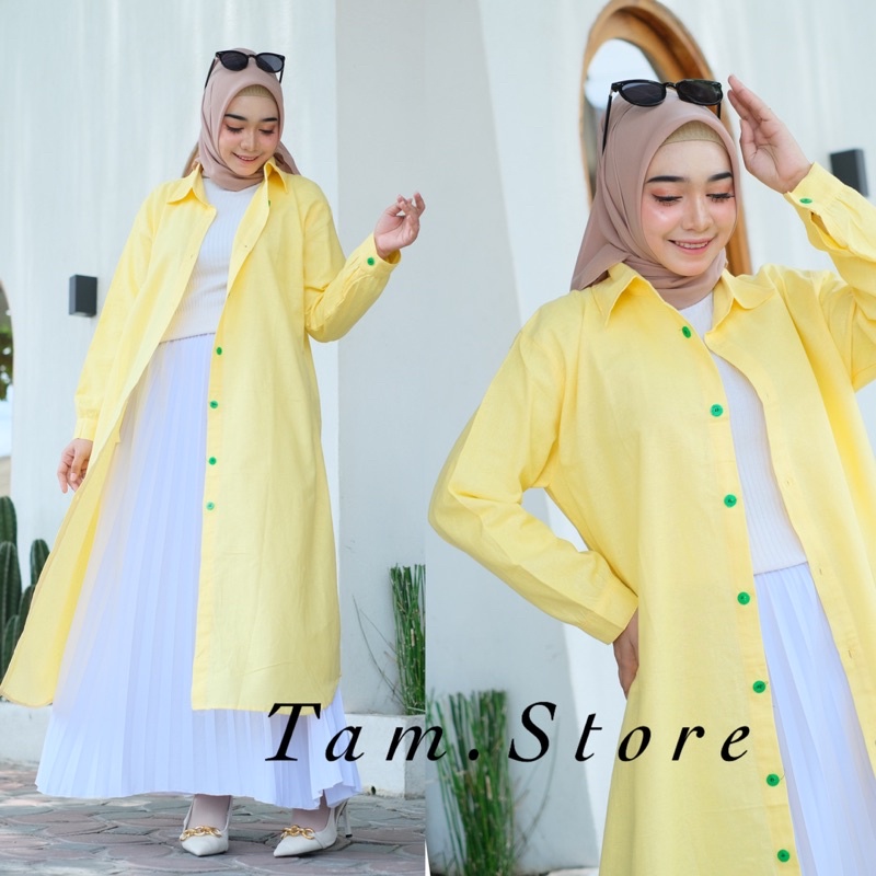 Amarelo Long Tunik Jumbo Atasan Wanita Muslim Bahan Linen Premium