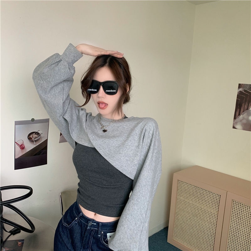 Sweater Pendek Dua Potong Wanita Longgar Jazz Pinggang Tinggi Atasan Pusar Dipotong Berlapis