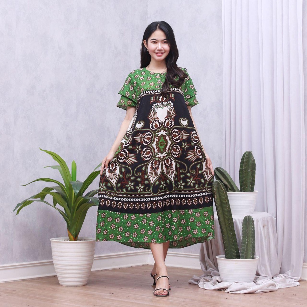 Daster Batik Lengan Pendek - Motif Daun - Leher Kancing (DPT001-133) Batik Prass-MAX HIJAU