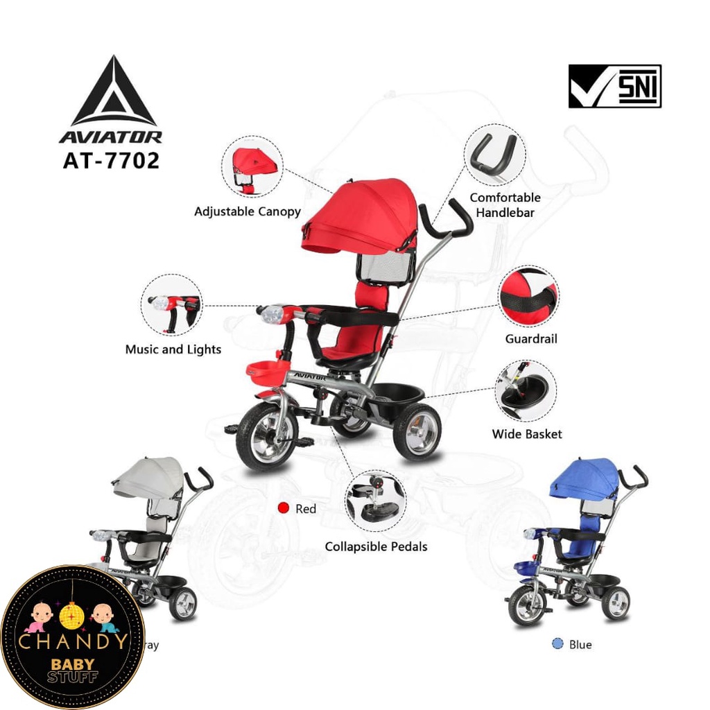 SEPEDA ANAK RODA TIGA TRICYCLE AVIATOR AT 7702 ( KURSI BISA PUTAR, LAMPU DAN MUSIK )