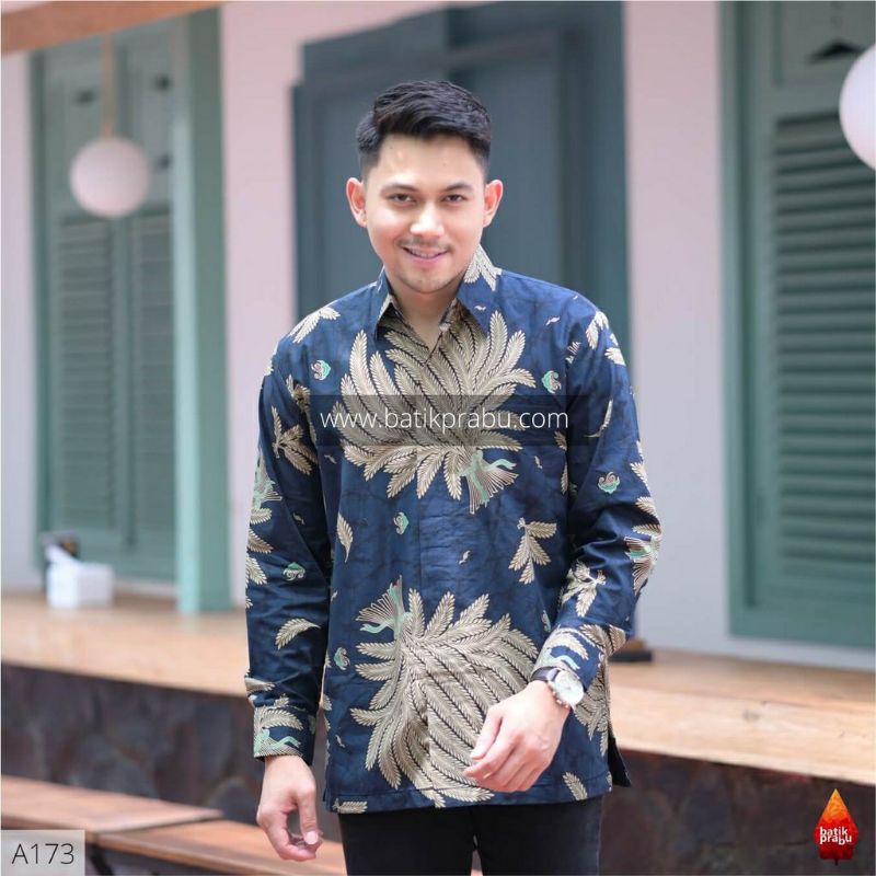 Batik kemeja pria batik lapis furing bahan katun halus baturaden size reguler dongker padi