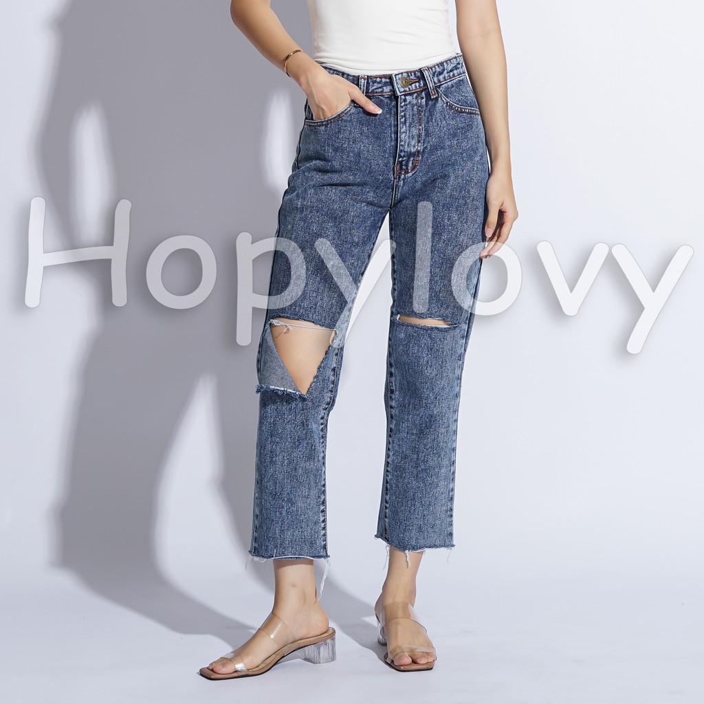 HOPYLOVY - Celana Jeans Boyfriend Wanita Sobek Lutut Unfinished Kaira