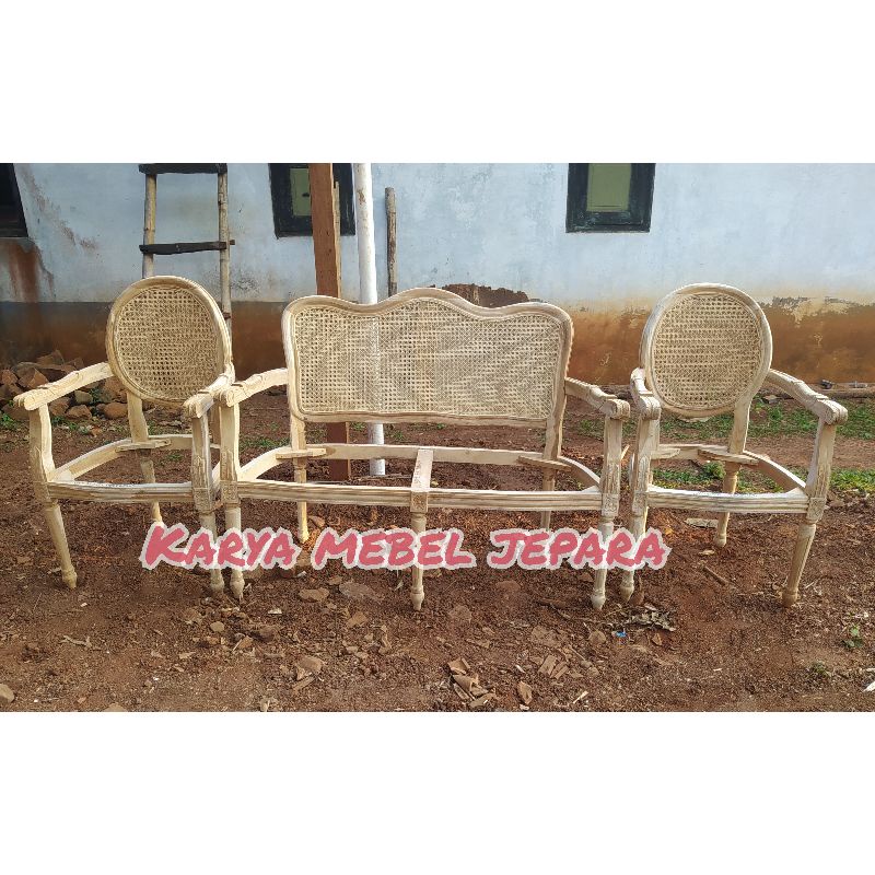 [KERANGKA SOFA] GELOMBANG + BESAN BULAT TG ROTAN SANDARAN JATI