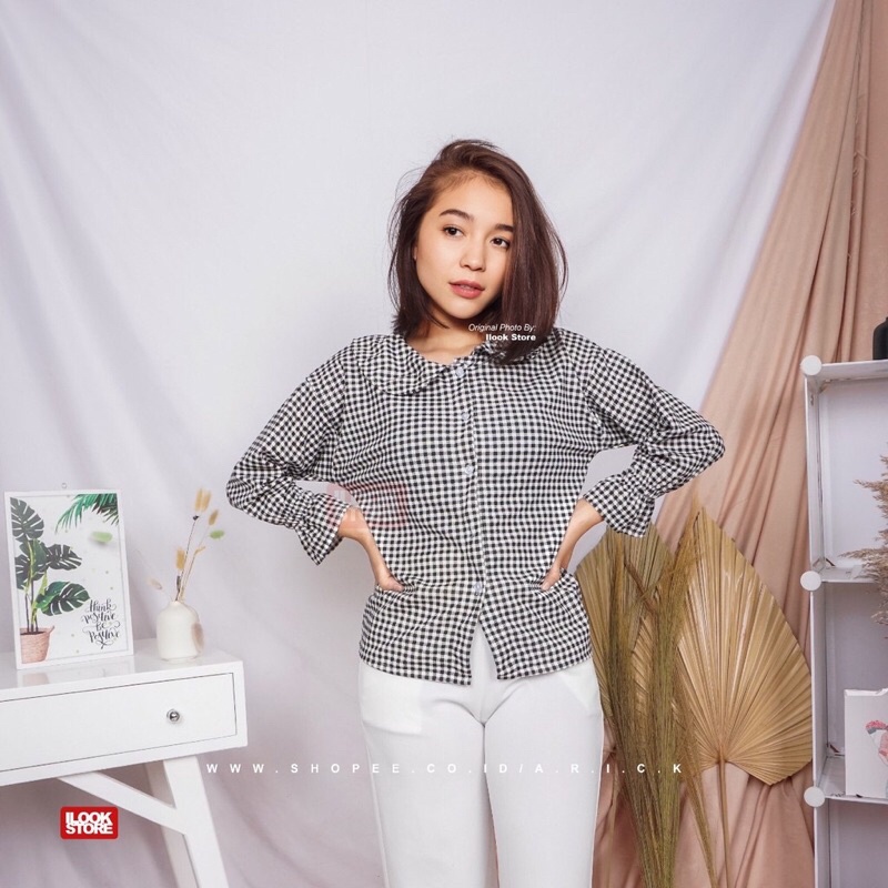 (COD) Blouse Rahel | blouse monez | Blouse Wanita Motif Kotak Bahan Creepe - Fit to L-5