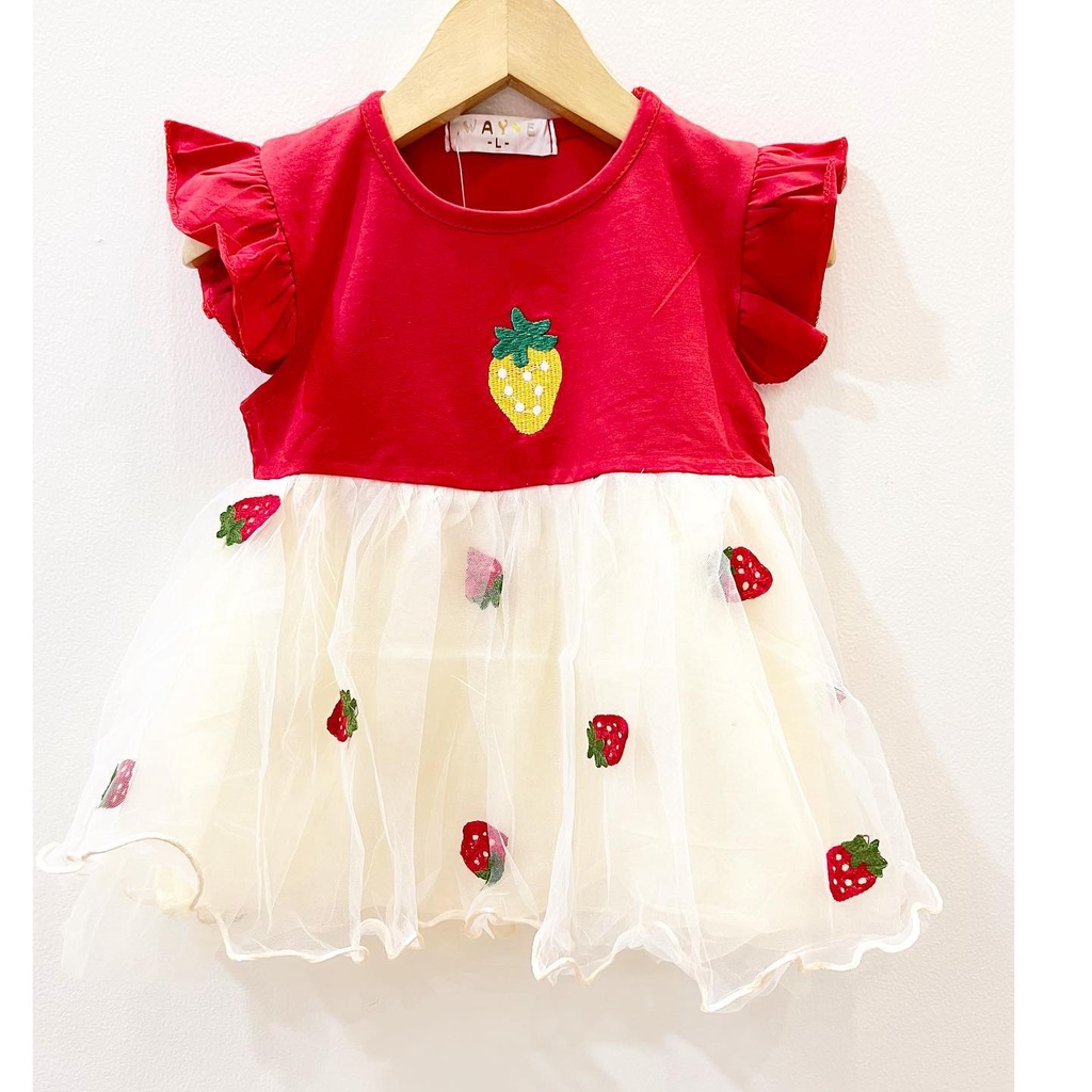 IMPORT DRESS STRAWBERRY / GOLDEN GOOSE / SLEEPING BEAUTY Pakaian Baju Pergi Lucu Fashion Anak Bayi Perempuan Cewek Terlaris Impor-Strawberry Red