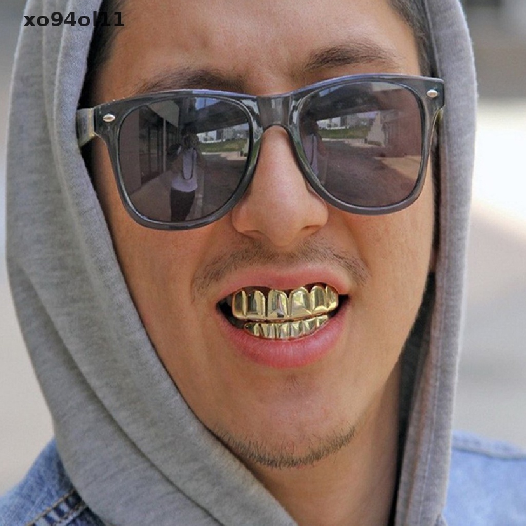 Xo Set Grillz Gigi Atas &amp; Bawah Lapis Emas 14k Gaya Hip Hop