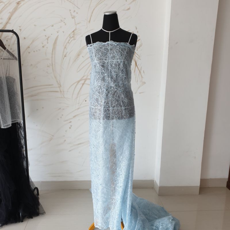 Kain Tile / Tulle Motif Pearl Cantik Murah Sky Blue (biru muda)
