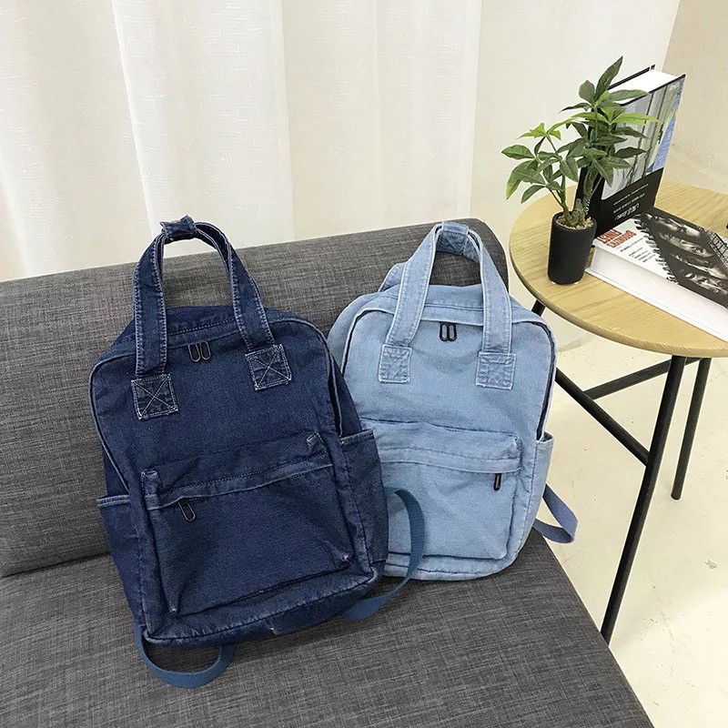 Denim Korean backpack Import-Jeans polos tas ransel sekolah kuliah remaja perempuan japan ulzzang