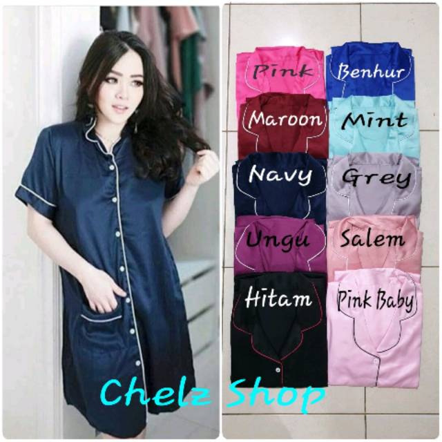 Baju Tidur Wanita/Cewek Satin Daster/Baju Tidur Daster Full Kancing Kekinian