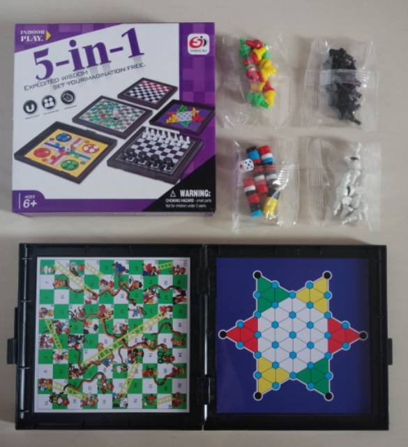 5 in 1 Magnetic Board Game Catur Ludo Ular Tangga Halma dan Checkers