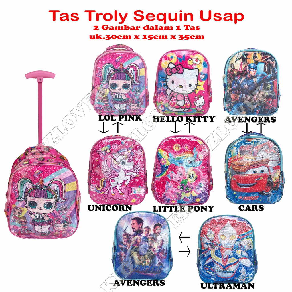 Tas Sequin Usap Koper Ransel Anak Sekolah SD/TK Trolley Dorong Troli