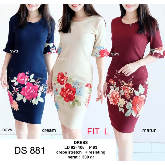 Seds881 Dress Pesta Dress Kantor Sepan Basic Bunga Crepe Tebal Large - Hitam