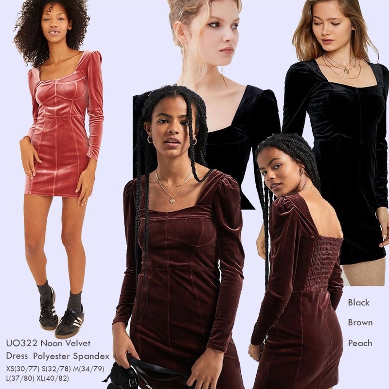 lovemecorner URBAN OUTFITTER NOON VELVET MINI DRESS BODYCON LENGAN PANJANG BAHAN STRETCH RECOMMENDED