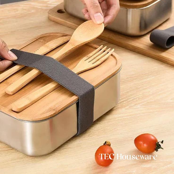 ☊ 【TEC】KOTTA Bento Box Kotak Makan Stainless Steel 304 Berkualitas Tutup Kayu Kotak Penyimpanan Maka