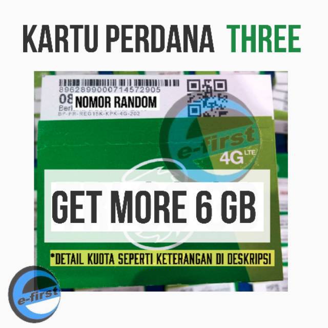 kartu perdana internet 3 three tri  getmore 6gb / gm2 gb kuota data 3 2gb + 4 gb bukan aon