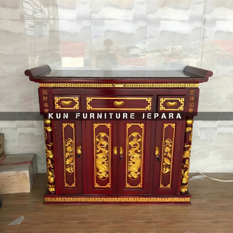 MEJA SEMBAHYANG IMLEK KAYU JATI 4 PINTU UKIR NAGA