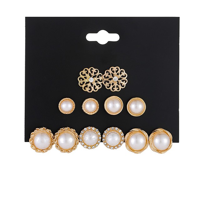 LRC Anting Tusuk Fashion Golden Pearl Flower Hollow Alloy Pearl Earring D84469