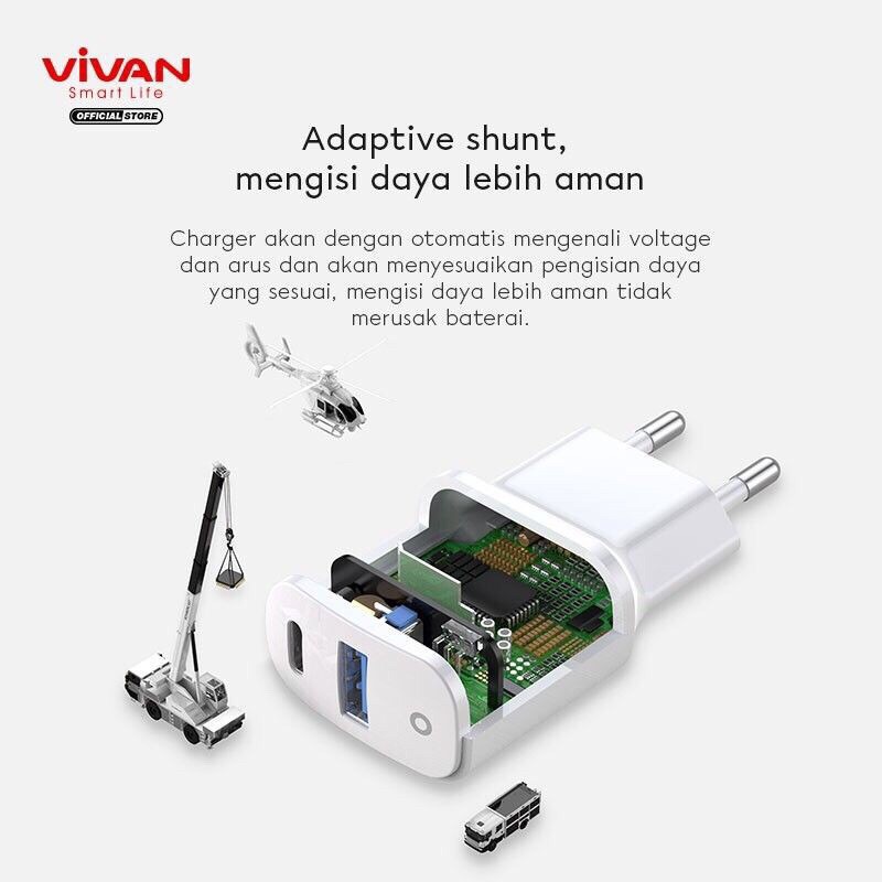 Charger VIVAN Power Super II Fast Charging Dual Port USB (QC3.0) &amp; Type-C (PD) 3A 18W Support iPhone