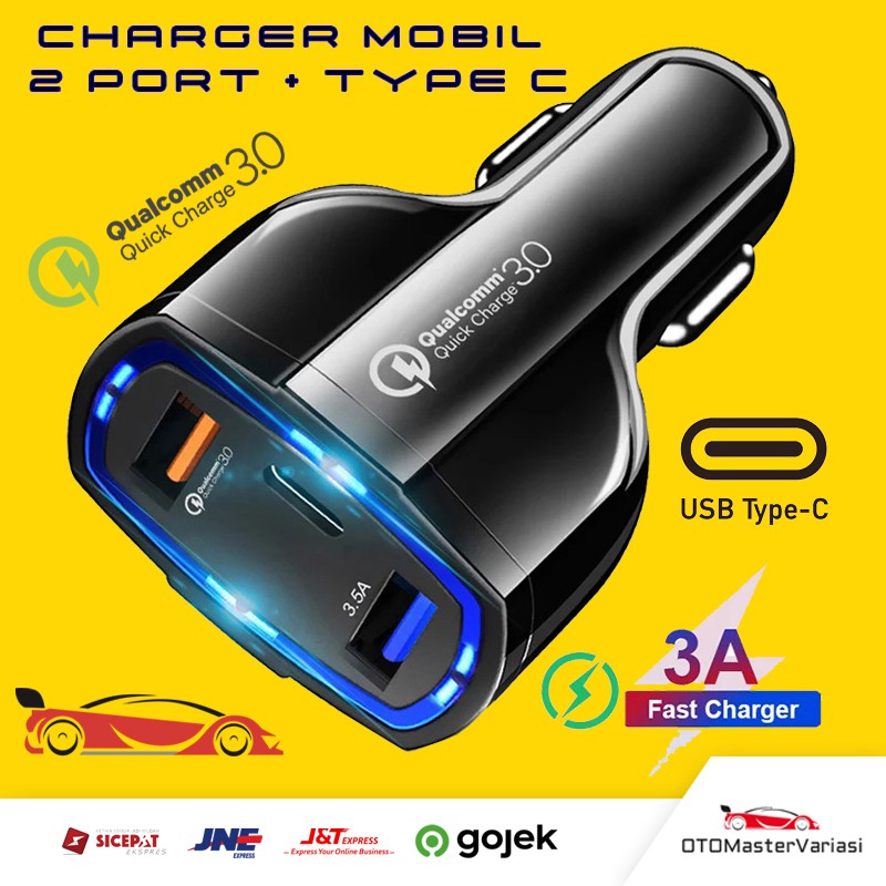 Charger Mobil Fast Charging 3 Port Car charger Type C Charger Motor Quick Charger 7A 35W Casan Mobil