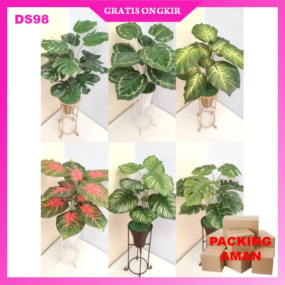 Tanaman Bunga Hias Plastik Sudut Artificial Artifisial Besar 1 Set Dengan Pot Rotan Standing 40CM