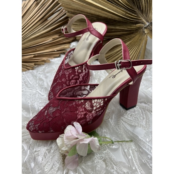 Rafaizoutfit sepatu alummi merah marron tali sepatu wedding heels tinggi 9cm tahu