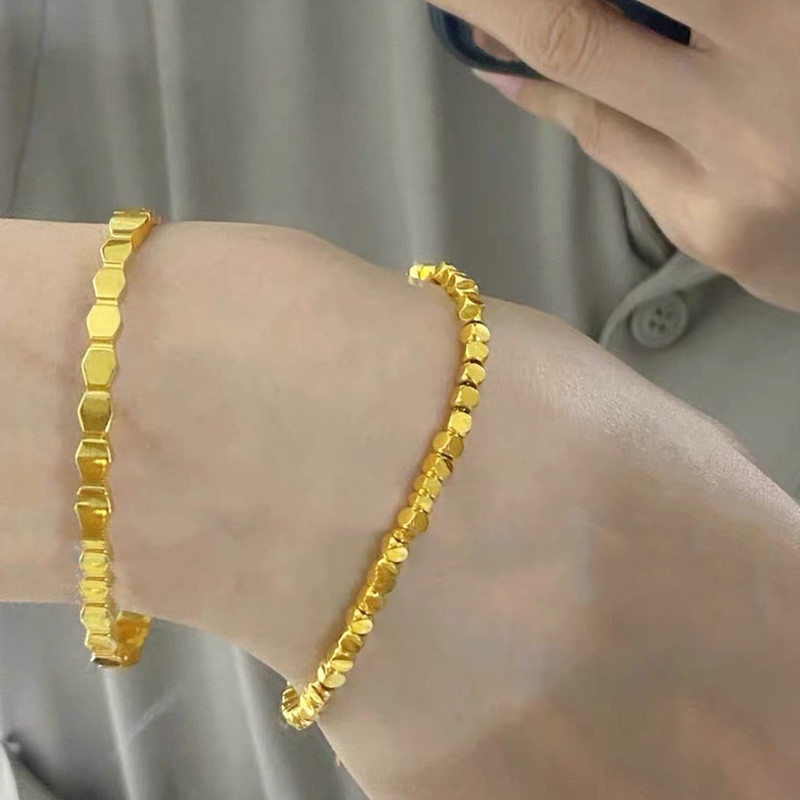 Gelang Titanium Wanita Anti Karat Manik Kubus Emas 18K Mewah Aksesoris Korea