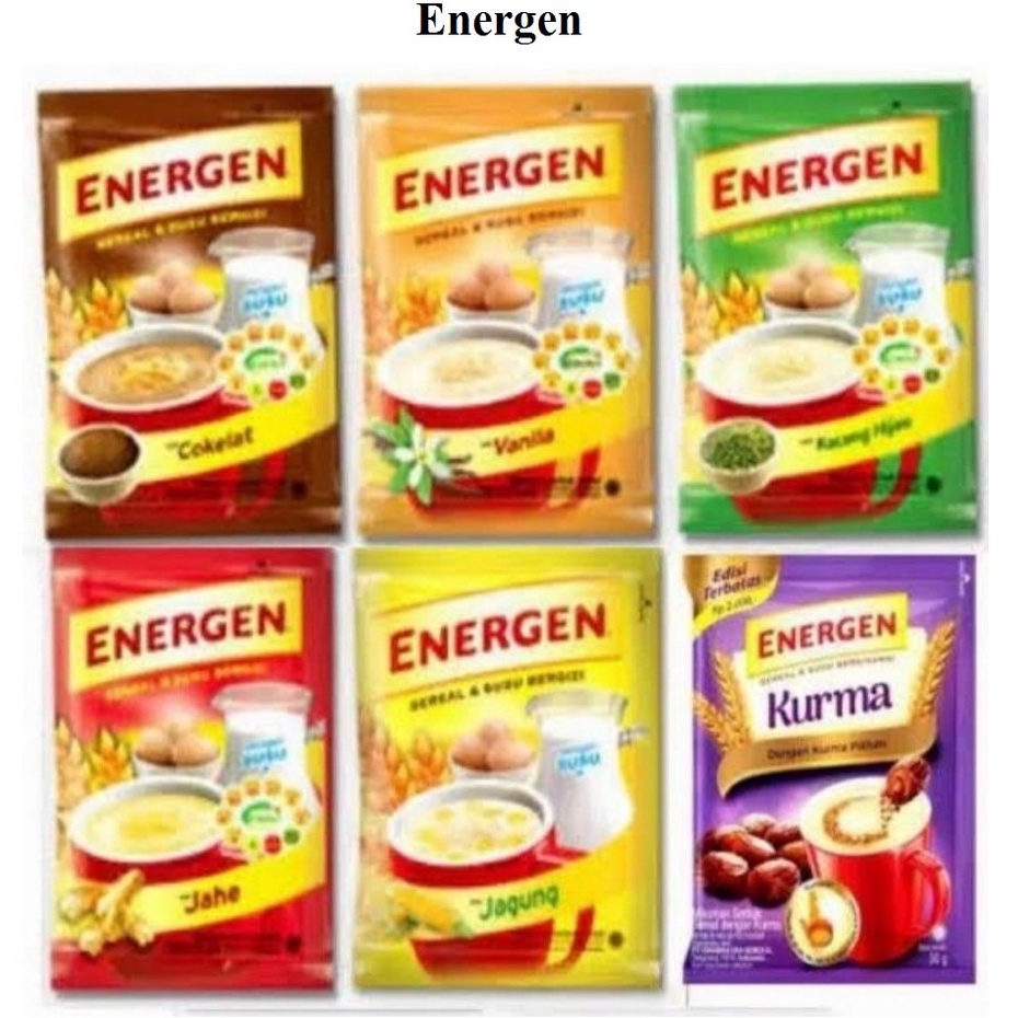 

minuman instant energen sereal dan susu vanilla, jahe, jagung, kurma, coklat dan kacang hijau