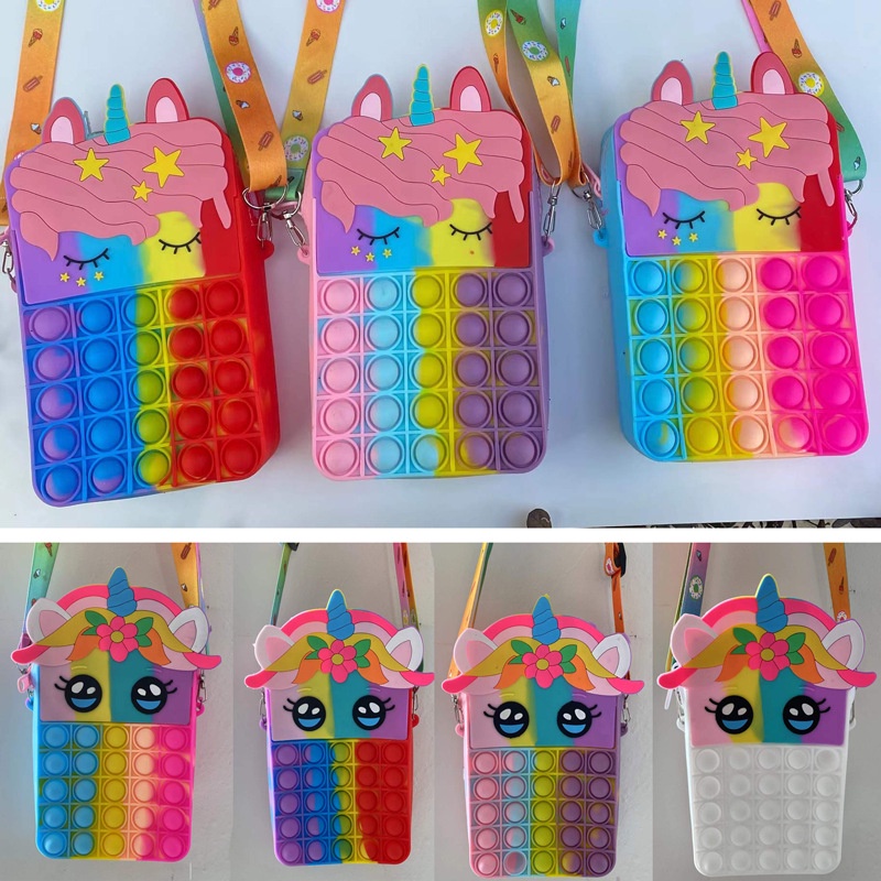 Tas Pop It Anak Motif Unicorn Pop It Minions Gamblok Gelembung Sensory Mainan Anak Size Kecil Tas Anak Rainbow Macaron Tas Selempang Unicorn