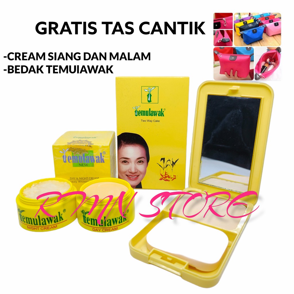 Paket 2in1 Temulawak (Cream Siang Dan Malam- Bedak Temulawak) Gratis 1 Pcs Tas Kosmetik