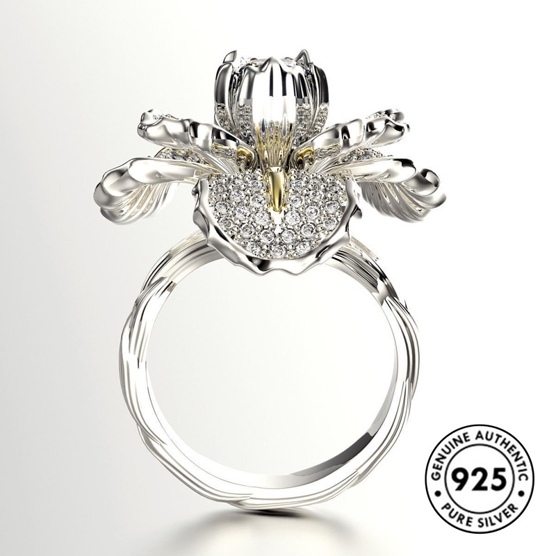 Cincin Sterling Silver 925 Desain Bunga Hias Berlian Gaya Elegan Untuk Wanita