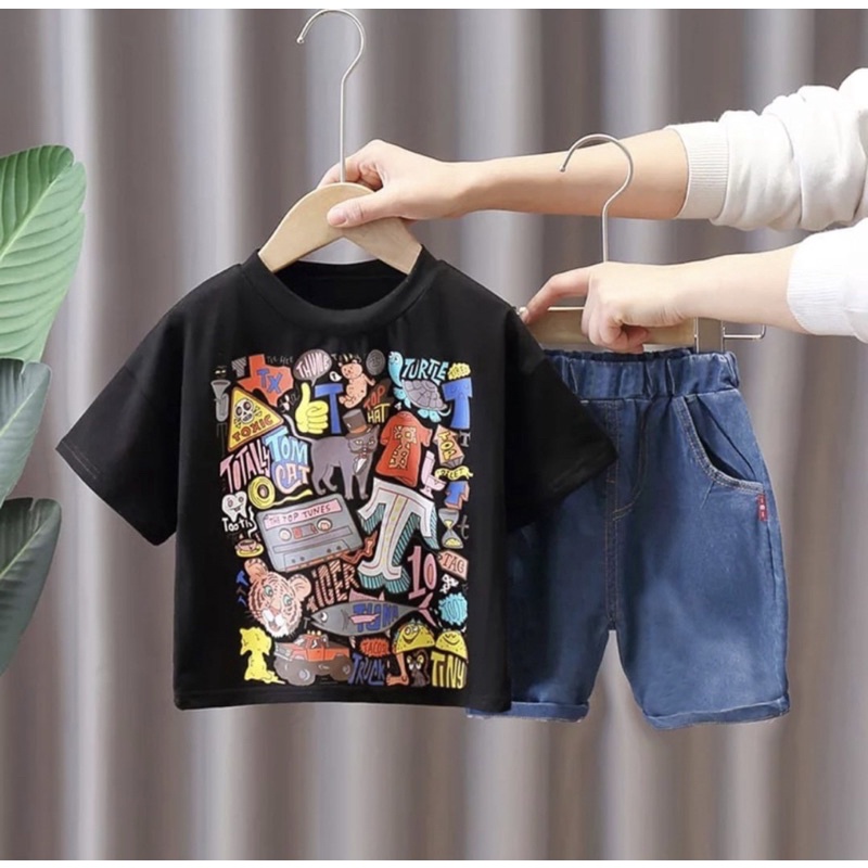 setelan baju dan celana anak laki laki motif hewan 1-5 tahun