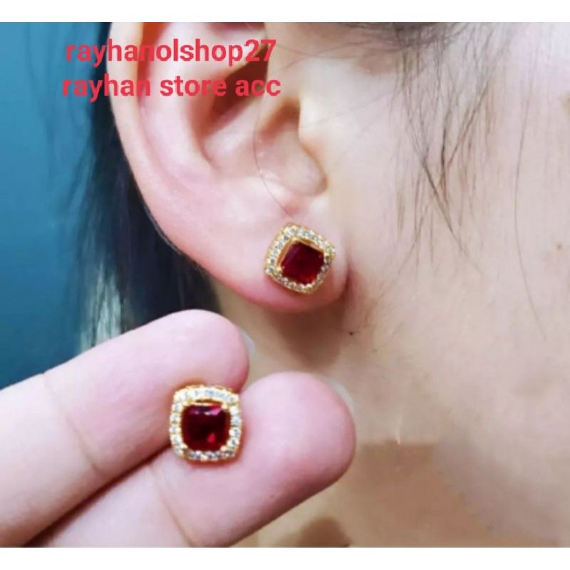 Anting premium xuping Tusuk motif Kotak mata satu permata lapis emas 23k termurah