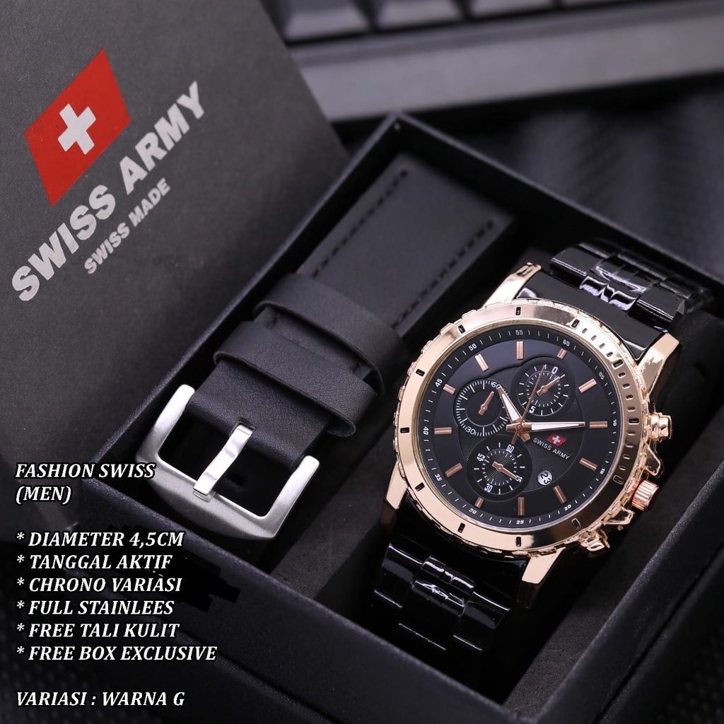 (FREE BOX) JAM TANGAN PRIA FASHION RANTAI BODY BULAT TANGGAL AKTIF FREE TALI KULIT