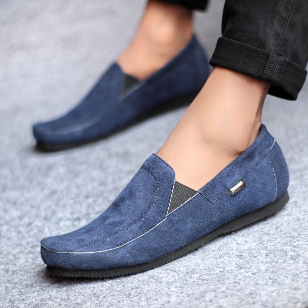 JESTR|Sepatu Slip On Casual Pria Trendy Kulit Asli Slop Cowok Hitam Kekinian Murah