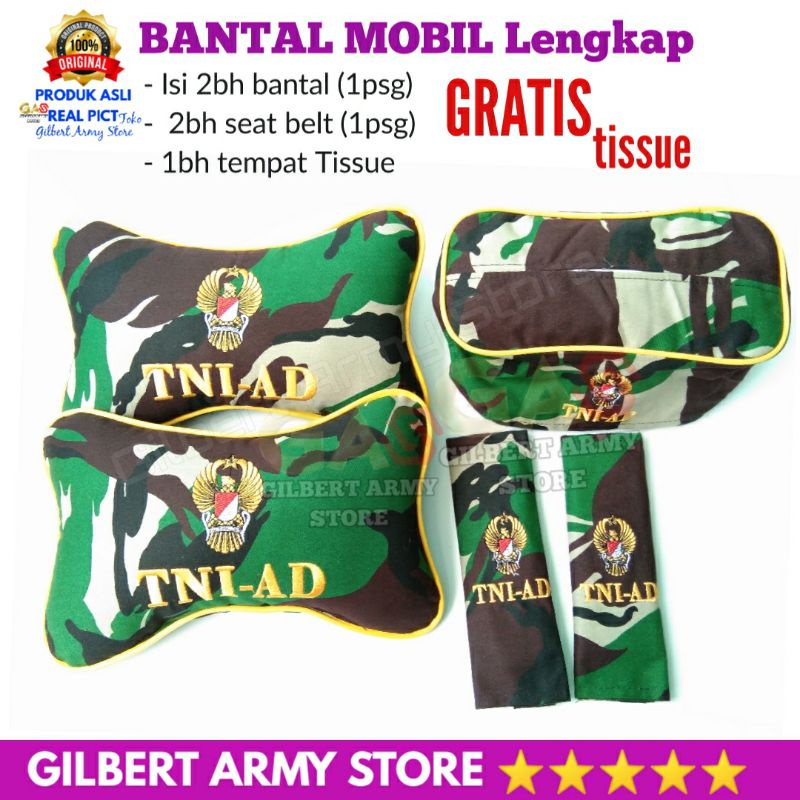 Paket Lengkap Bantal Mobil seatbelt tempat tissue Loreng Tni AD Pajangan dashbord mobil penyangga Leher